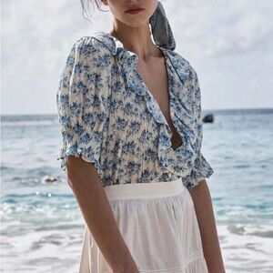 Doen Henri ruffled pintucked floral-print organic cotton-voile top